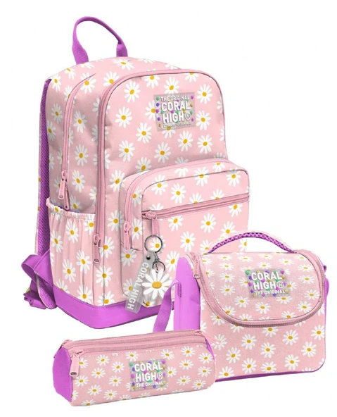 Coral High Pembe Beyaz Papatya Desenli Kız Çocuk İlkokul ve Ortaokul Üçlü Okul Çanta Seti SETYGN33224A ürün görseli 1