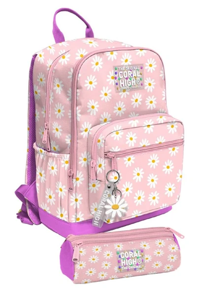 Coral High Pembe Beyaz Papatya Desenli İlk ve Ortaokul Sırt Çantası ve Kalemlik Seti Kız - SETYGN33224C ürün görseli 1