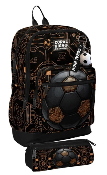 Coral High Okul Sırt Çantası ve Kalemlik Seti - Siyah Kahverengi Futbol Topu Baskılı Erkek Çocuk SETYGN33217C ürün görseli 1