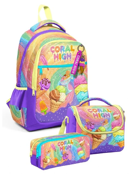 Coral High Kız Çocuk İlkokul Üçlü Okul Çantası Seti - Mor Sarı Dondurma Baskılı - SETYGN33254A ürün görseli 1