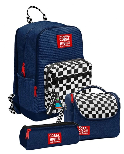 Coral High Lacivert Siyah Beyaz Dama Desenli Erkek Çocuk İlkokul ve Ortaokul Üçlü Okul Çanta Seti SETYGN33234A ürün görseli 1