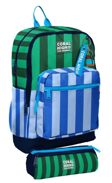 Coral High Okul Sırt Çantası ve Kalemlik Seti - Mavi Yeşil Çizgi Desenli Erkek Çocuk SETYGN33211C ürün görseli 1