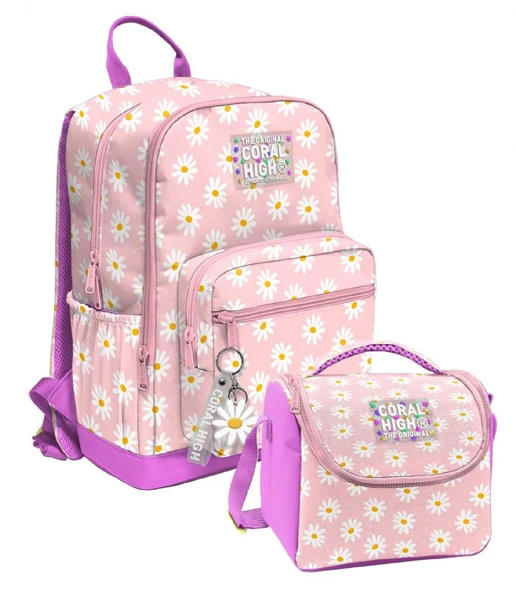 Coral High Pembe Beyaz Papatya Desenli (Kız Çocuk) Okul Sırt ve Beslenme Çantası Seti - SETYGN33224B ürün görseli 1