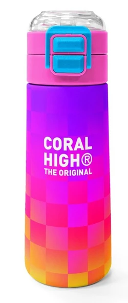 Coral High 500 ml Kız Çocuk Sarı Mor Dama Desenli Çelik Termos Matara - Okul Suluğu ürün görseli 1