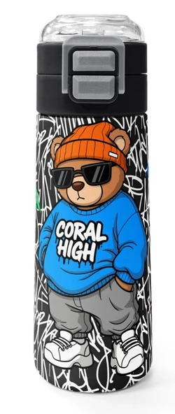 Coral High 500 ml Erkek Çocuk Siyah Mavi Grafiti Ayıcık Baskılı Çelik Termos Matara - Okul Suluğu ürün görseli 1