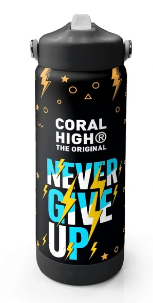 Coral High 650 ml Erkek Çocuk Siyah Sarı Never Give Up Baskılı Çelik Suluk/Matara (Pipetli) 38320 ürün görseli 1