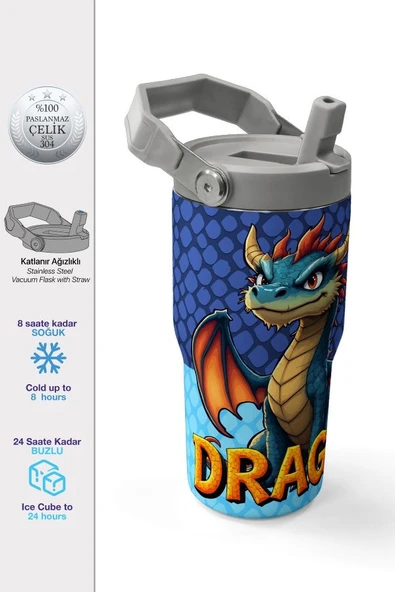 Coral High 600 ml Pipetli ve Kulplu Mavi Sarı Dragon Desenli Erkek Çocuk Matara 38903 ürün görseli 1