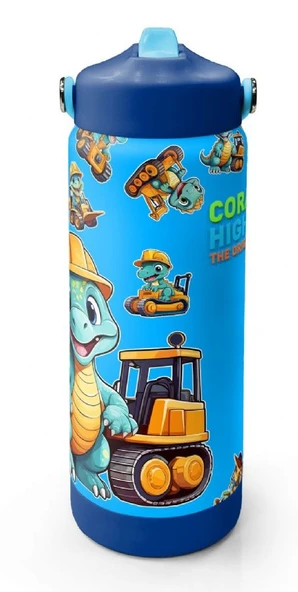Coral High 650 ml Erkek Çocuk Mavi Dinazor ve İş Makineleri Baskılı Çelik Suluk/Matara (Pipetli) 38396 ürün görseli 1