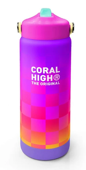 Coral High 650 ml Kız Çocuk Sarı Mor Dama Desenli Çelik Suluk/Matara (Pipetli) 38303 ürün görseli 1