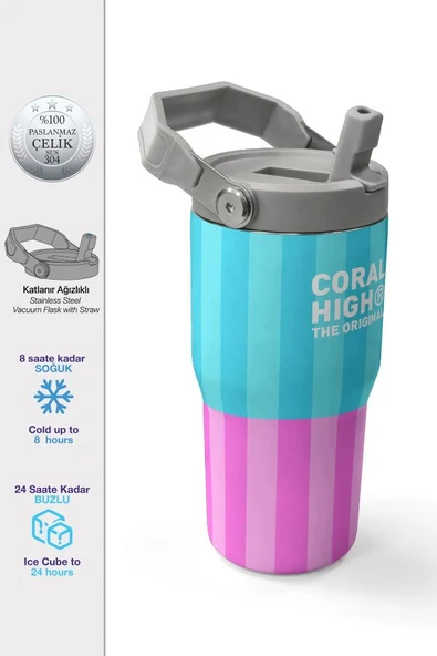 Coral High 600 ml Pipetli ve Kulplu Turkuaz Pembe Çizgi Desenli Kız Çocuk Matara 38909 ürün görseli 1