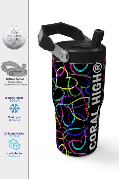 Coral High 600 ml Pipetli ve Kulplu Kalp Baskılı Siyah Pembe Kız Çocuk Matara 38915 ürün görseli 1