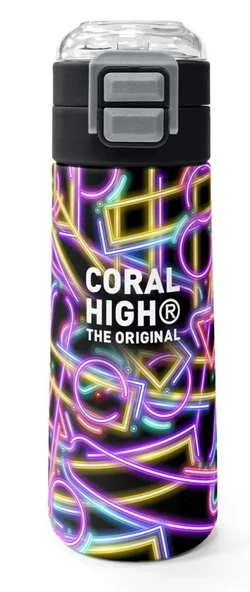 Coral High 500 ml Kız Çocuk Siyah Çok Renkli Neon Desenli Çelik Termos Matara - Okul Suluğu ürün görseli 1