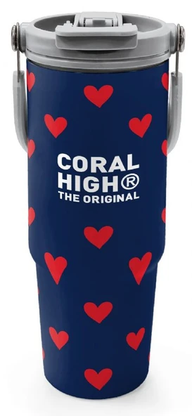 Coral High 900 ml Kız Çocuk Lacivert Kırmızı Kalp Desenli Çelik Termos /Matara - 38705 ürün görseli 1