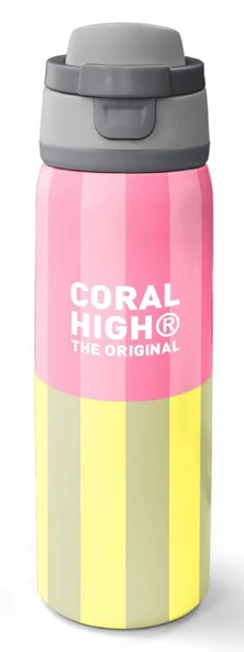 Coral High 800 ml Kız Çocuk Sarı Pembe Çizgi Desenli Pipetli ve Direkt İçim Çelik Termos/Matara - 38501 ürün görseli 1