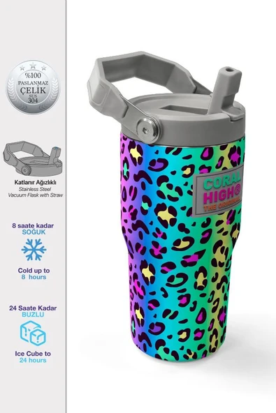 Coral High 600 ml Pipetli ve Kulplu Yeşil Mor Leopar Desenli Kız Çocuk Matara 38911 ürün görseli 1