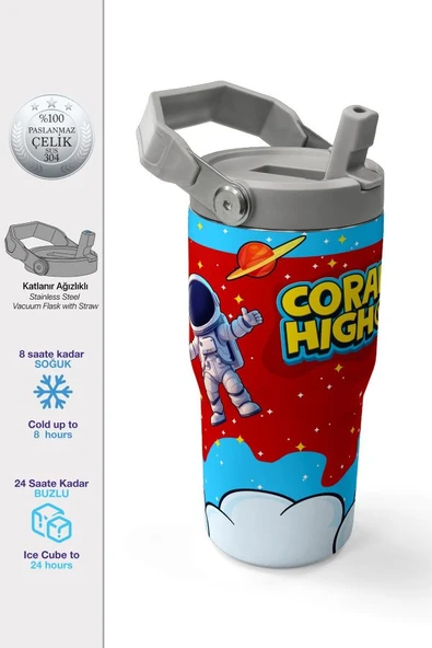 Coral High 600 ml Pipetli ve Kulplu Kırmızı Mavi Astronot Baskılı Erkek Çocuk Matara 38904 ürün görseli 1