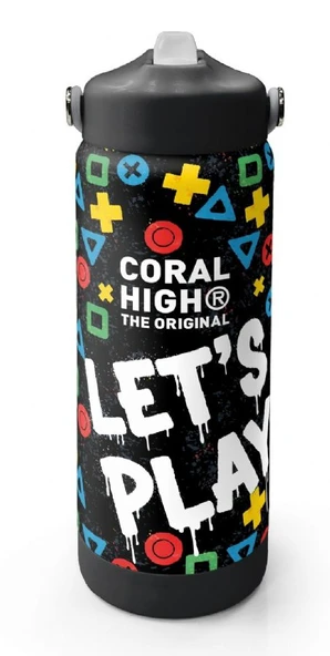 Coral High 650 ml Erkek Çocuk Siyah Çok Renkli Lets Play Baskılı Çelik Suluk/Matara (Pipetli) 38314 ürün görseli 1