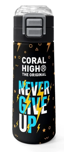 Coral High 500 ml Erkek Çocuk Siyah Sarı Never Give Up Baskılı Çelik Termos Matara - Okul Suluğu ürün görseli 1