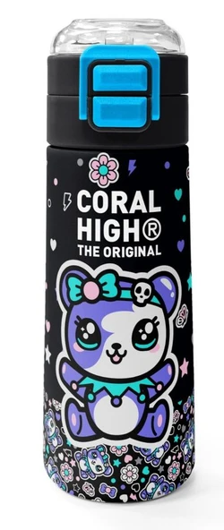 Coral High 500 ml Kız Çocuk Siyah Mor Ayıcık Baskılı Çelik Termos Matara - Okul Suluğu ürün görseli 1