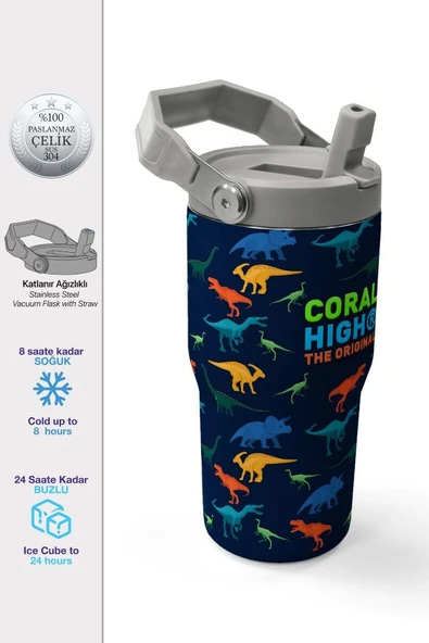 Coral High 600 ml Pipetli ve Kulplu Lacivert Mavi Dinazor Baskılı Erkek Çocuk Matara 38920 ürün görseli 1