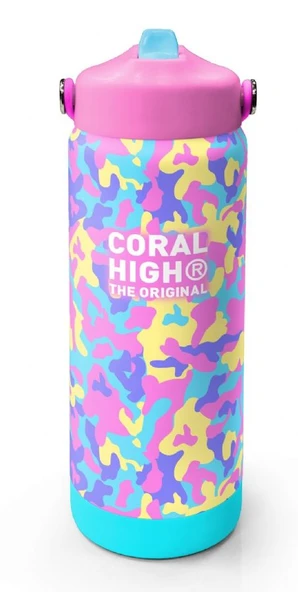 Coral High 650 ml Kız Çocuk Pembe Sarı Kamuflaj Çelik Suluk/Matara (Pipetli) 38301 ürün görseli 1
