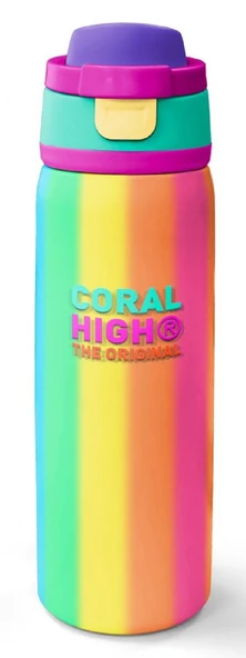 Coral High 800 ml Kız Çocuk Renkli Çizgili Mavi Turuncu Baskılı Pipetli ve Direkt İçim Çelik Termos/Matara - 38535 ürün görseli 1