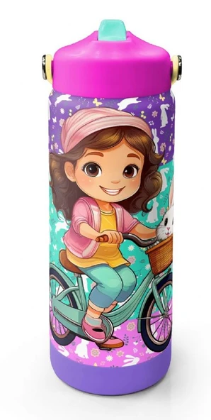 Coral High 650 ml Kız Çocuk Yeşil Pembe Bisikletli Kız Çelik Suluk/Matara (Pipetli) 38394 ürün görseli 1