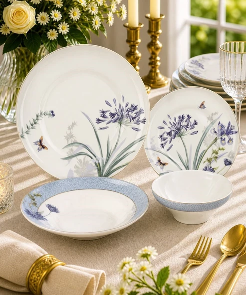 24 Parça 6 Kişilik Porselen Lavender Flutter  Yemek Takımı ürün görseli 1