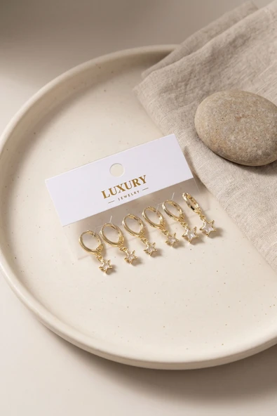 Yıldız Zirkon Taşlı Gold Renk Pirinç Set Küpe ürün görseli 1