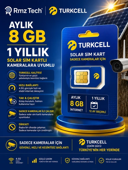 Turkcell 1 Yıllık SIM Kart Aylık 8 GB İnternet Solar 4G Güvenlik Kameraları İçin ürün görseli 1