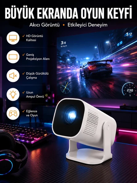 Şarjlı Projeksiyon Oyun Sinema Projektörü 4K HD Görüntü Kaliteli Yeni Nesil ürün görseli 1