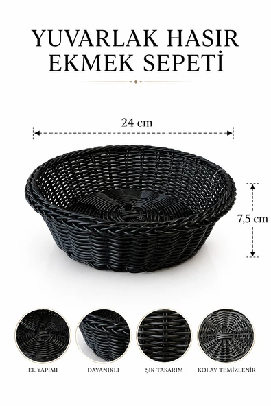 Siyah Hasır Detaylı Yuvarlak Ekmek, Sebzelik Sepeti 24x7,5 cm ürün görseli 1