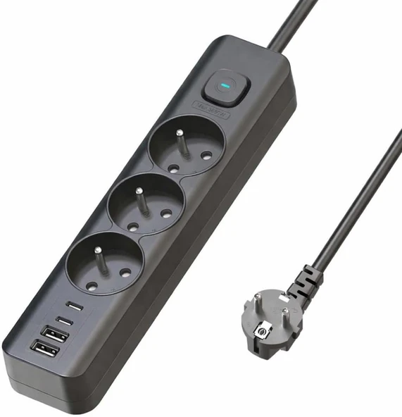 Termal Akım Korumalı 3'Lü Priz, Çoklu Priz, Çocuk Korumalı Isıya Dayanıklı Yapı, 3X Priz Girişi, 3X Usb Girişi, 1X Girişi, 2 Metre Uzatma Kablosu ürün görseli 1