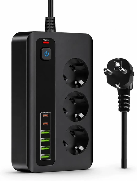 P10 3000W Akım Korumalı Priz - 3 Ac Çıkışlı, 4 Usb 2 Girişli Çoklu Priz, Hızlı Destekli Grup Priz (Siyah) ürün görseli 1