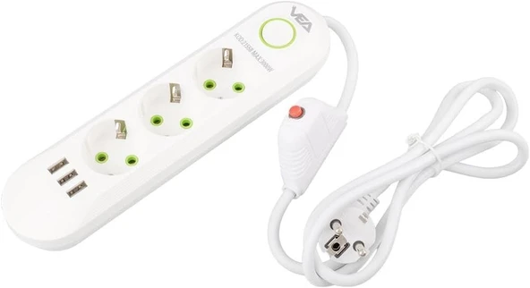 3'Lü 1.5 Metre Uzatma Kablosu 3 Usb Akım Korumalı Priz Beyaz ürün görseli 1