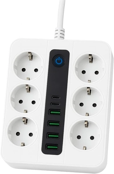 6 Priz + 4 Usb Çıkışlı Akıllı Çoklu Priz - Aç/Kapa Anahtarlı, Hızlı Destekli, 3680 Watt, Ev & Ofis Kullanımı ürün görseli 1