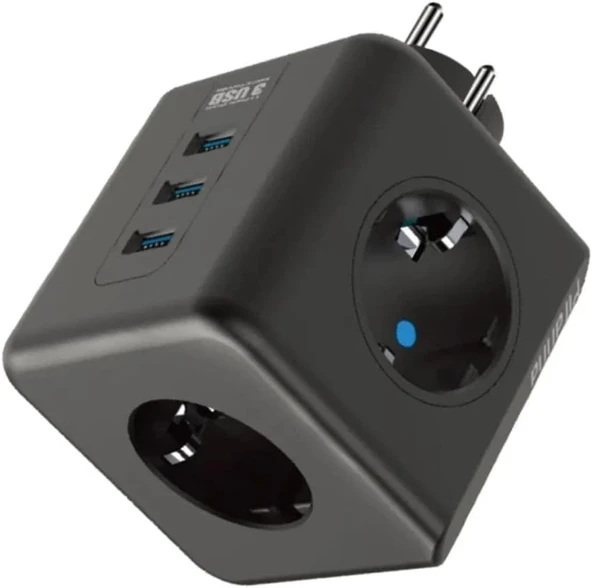 Isıya Dayanıklı Termal Akım Korumalı Çocuk Korumalı 3 Priz Girişli 3 Usb Girişli Küp Priz ürün görseli 1