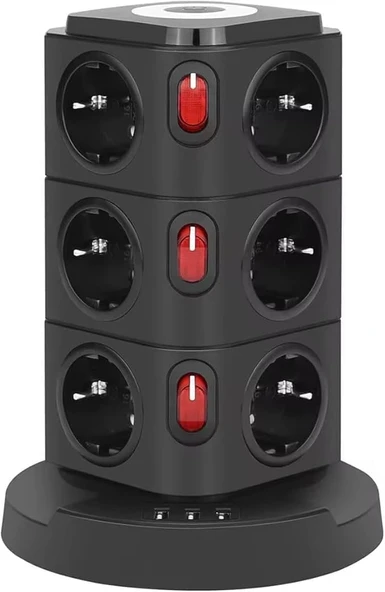 Tower Tipi Akım Korumalı Priz - 12 Prizli 4 Usb Girişli, Bireysel Anahtarlı, Kısa Devre Koruma, Masa Üstü Dikey Tasarım - Ev Ofis İçin Düzenli Çözüm ürün görseli 1