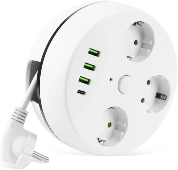 Vea 7 In 1, Akım Korumalı Grup Priz, 3'Lü, Anahtarlı, 3 Usb, 1 Type-C, 1.5 Metre Kablolu, Kablosu Toplanabilir Makaralı, 850 Derece Isıya Dayanıklı ürün görseli 1