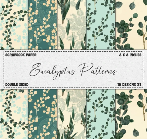 Scrapbook Paper: Eucalyptus Patterns, Double Sided 8 X 8" Designs ürün görseli 1