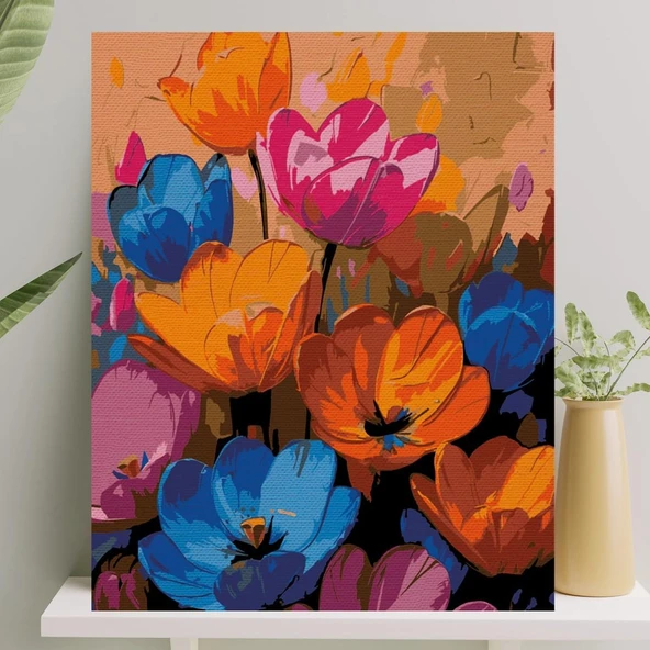 Palmiye Hobi Sanat Sayılarla Boyama Tuval Seti Fırça Boya Dahil (Çıtalı) 40X50 Cm - Renkli Çiçekler ürün görseli 1