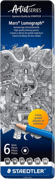 Staedtler 100 G6 Mars Lumograph Kursun Kalem 6'Lı Metal Kutuda 8B, 7B, 6B, 4B, 2B, Hb ürün görseli 1