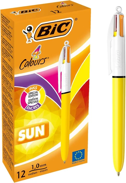 4 Colours Sun Tükenmez Kalem, 12'Li Kutu, 1.0Mm Uç, Tek Kalemde Sarı, Mor, Turuncu Pembe Renkler ürün görseli 1