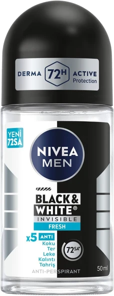 Men Erkek Roll On Deodorant Black&White Invisible Fresh 50 Ml,72 Saat Anti-Perspirant Terleme Ter Kokusuna Karşı Koruma,Giysilerde Karşıtı,Erkeksi Koku,Etil Alkol İçermez ürün görseli 1