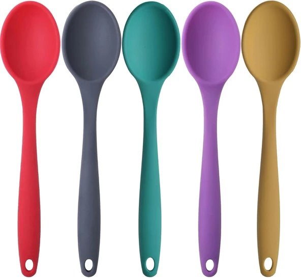 Silikon Büyük Boy Kaşık Seti, Yanmaz Yapışmaz, Çok Renkli - Sarı, Yeşil, Kırmızı, Antrasit, Mor - 27 Cm, 5 Adet Set, Bpa Free ürün görseli 1