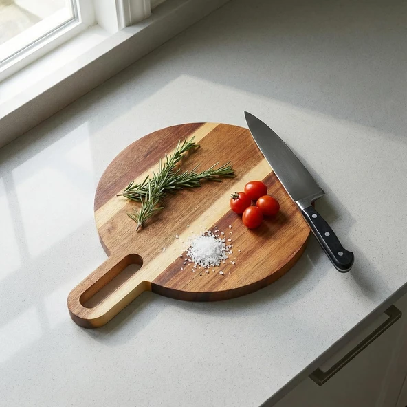 Deconox Doğal Akasya Ahşap Yuvarlak Kesme Tahtası Sunum Tepsisi – 21 Cm Saplı Pratik Doğrama Panosu, Peynir Tabağı Pizza Servis Tahtası ürün görseli 1