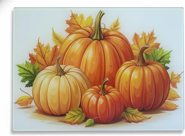 Isıya Dayanıklı Temperli Cam Kesme Tahtası - Sonbahar Balkabağı Desenli, Hijyenik Mutfak Tezgah Sunum Tablası, 25X35 Cm ürün görseli 1