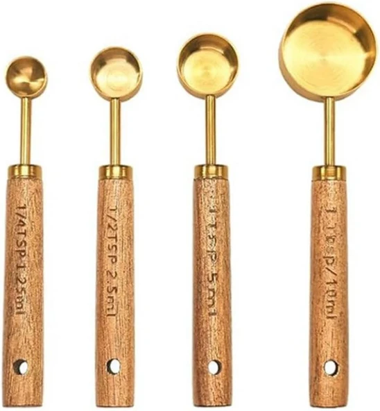 4 Parça Bambu Saplı Ölçü Kaşığı Seti, Gold Renk, Paslanmaz Çelik ürün görseli 1