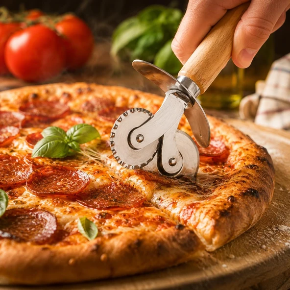 Paslanmaz Çelik Pizza Dilimleyici Pizza Kesme Aleti Çift Taraflı Çelik Hamur Pizza Tırtıklı Düz Yüzey ürün görseli 1