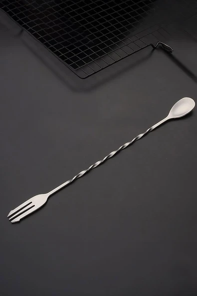 32 Cm Uzun Çelik Çift Başlı Çatallı Kokteyl Karıştırma Barmen Kaşığı Cin582 ürün görseli 1